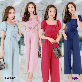 B14283 จั๊มสูทยาวแขนพองอกจับจีบ Long jumpsuit with puff sleeves and pleats