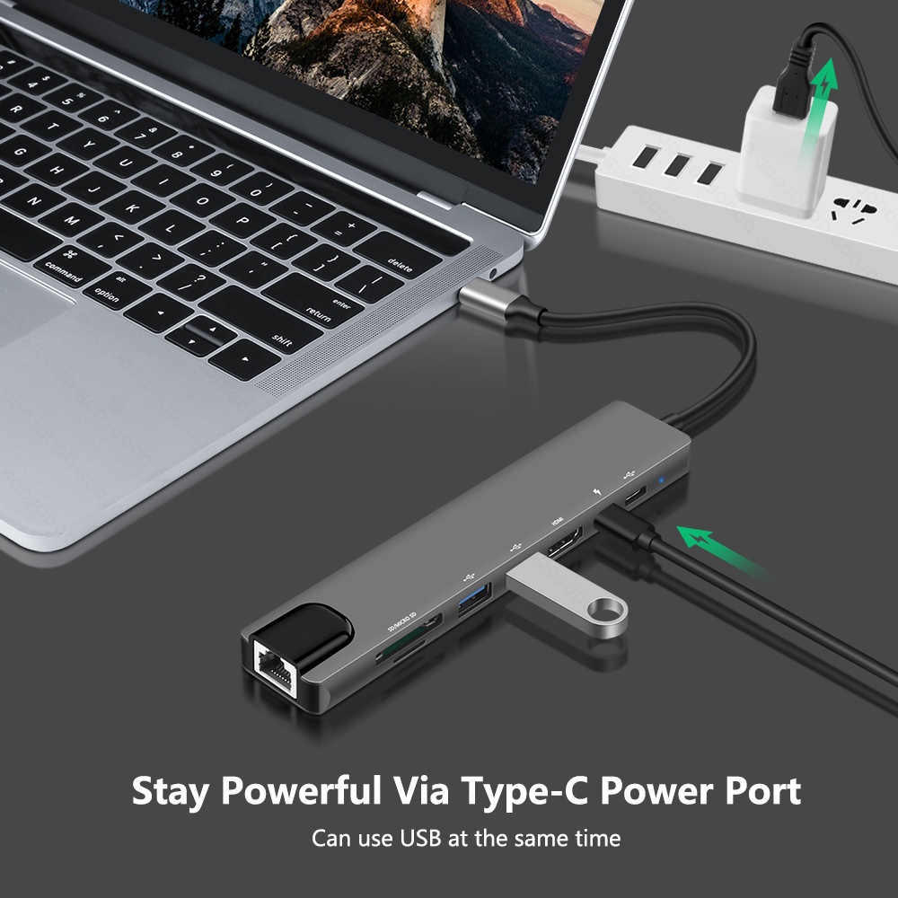 GOOJODOQ พร้อมส่ง  8-in-1 อะแดปเตอร์ฮับการ์ดรีดเดอร์ USB Type-C Hub 4K HDMI RJ45 USB SD/TF PD ชาร์จเร็ว สำหรับ MacBook