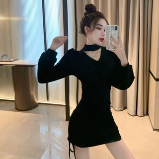 ชุดเดรสกระโปรงเซ็กซี่ แต่งสายคล้องคอ หรูหรา แฟชั่นบอททอม สไตล์เกาหลี สําหรับสตรี