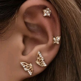 E08 : Butterfly Rhinestone Earrings (4pcs) ตุ้มหูทองรูปผีเสื้อฝังเพชร (4 ชิ้น)