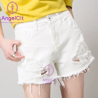 Angelcity※ กางเกงยีนขาสั้น เอวสูง ทรงหลวม เข้ารูป แต่งรอยขาด สีดํา แฟชั่นฤดูร้อน สําหรับผู้หญิง 2022