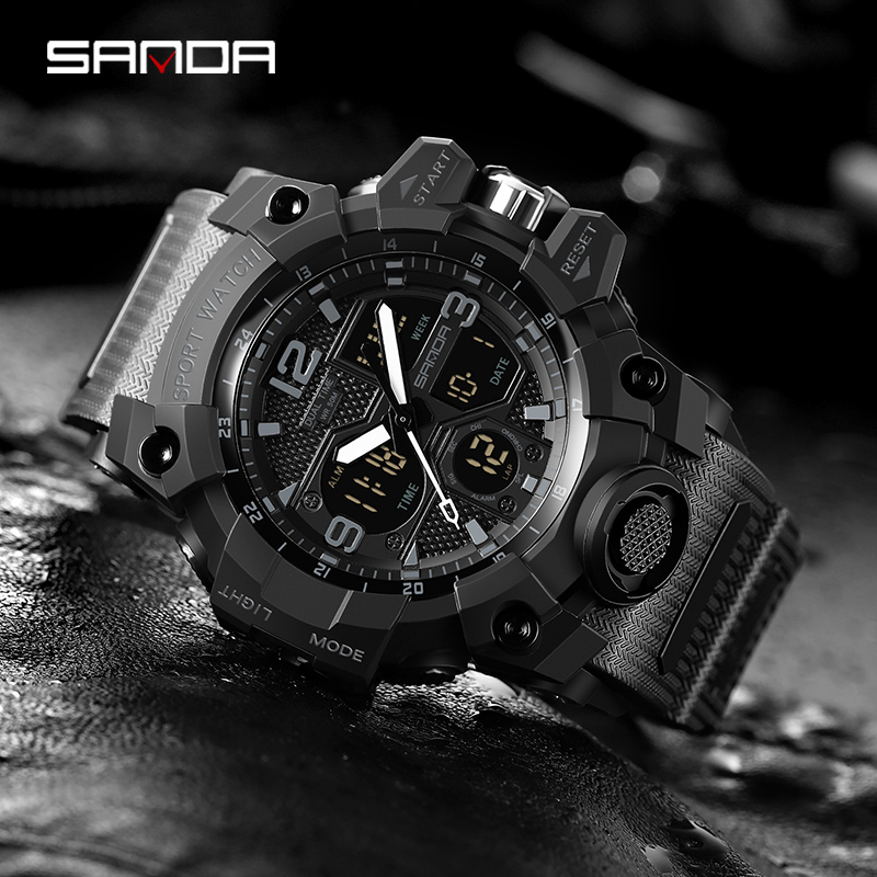 นาฬิกาข้อมือผู้ชายกันน้ำ SANDA นาฬิกาสปอร์ตแฟชั่นส่องสว่างสุดหรู LED Outdoor Analog Military Multi-function Men Watch