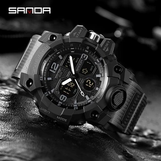 นาฬิกาข้อมือผู้ชายกันน้ำ SANDA นาฬิกาสปอร์ตแฟชั่นส่องสว่างสุดหรู LED Outdoor Analog Military Multi-function Men Watch
