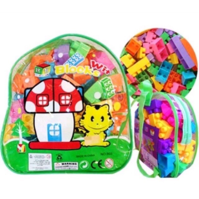 บล๊อคตัวต่อมีเป้สะพายหลัง สีเขียวน่ารัก มีตัวต่อ 60/62 ชิ้น ขนาดใหญ่