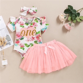 ชุด romper เด็กแรกเกิดแขนสั้นลายดอก+กระโปรง tulle พร้อมที่คาดผม 3 ชิ้น