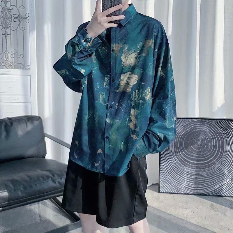 เสื้อฮาวายแขนยาวพิมพ์ลายดอกไม้ผ้าไหมน้ำแข็งทรงหลวมไซส์ S-3XL