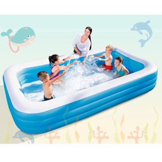 สระน้ำเป่าลมสี่เหลี่ยมครอบครัว 185x145x65cm(สีฟ้า) สามชั้น（ใหญ่สุด） Giant Rectangular Inflatable Pool