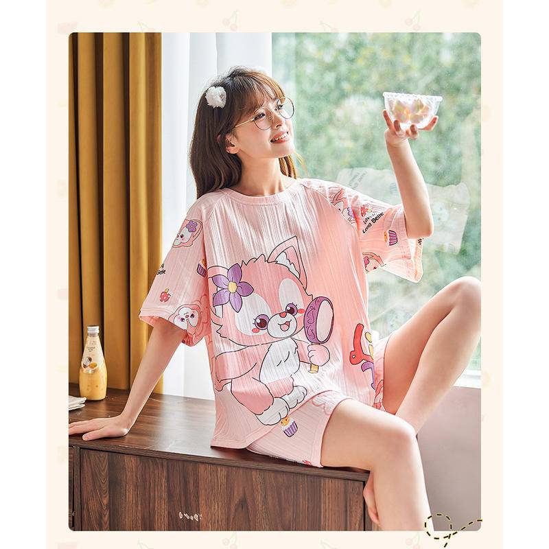 Lina Bell ชุดนอนการ์ตูน pyjamas ผู้หญิงชุดนอนแขนสั้นผู้หญิงชุดนอนหลวมน่ารักรอบคอ homewear 贝儿睡衣