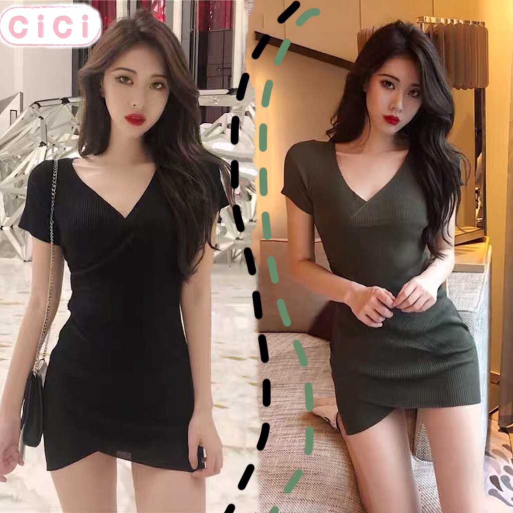 Cicishop 🍓พร้อมส่ง🍍เดรส ไหมพรมคอวี จับจีบข้าง งานสวย(8129)