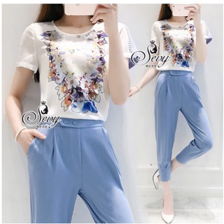 Sevy Two Pieces Of Blue Lava Printed Blouse With Pants Sets