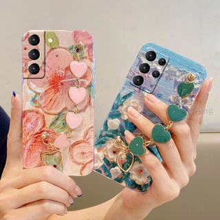 Soft เคสโทรศัพท์ for Samsung Galaxy S22 Ultra S22+ S23 Ultra Plus S23+ S21FE S23 S20 FE 5G Oil Painting Flower TPU All-inclusive Camera Shockproof Back Cover Fashion Heart Bracelet