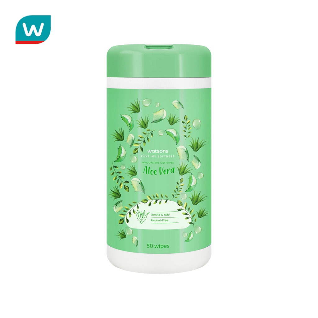 Watsons วัตสัน อินวิกอเรทติ้ง เว็ท ไวพ์ อะโล เวร่า แบบกระป๋อง 50แผ่น.