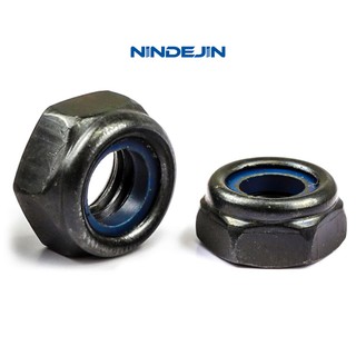 NINDEJIN 3/40pcs M3/M4/M5/M6/M8/M10/M12 ไนลอนสีดำล็อคอ่อนนุช 304 สแตนเลสชุบสังกะสีน็อตล็อคตัวเองหกเหลี่ยมน็อตล็อค