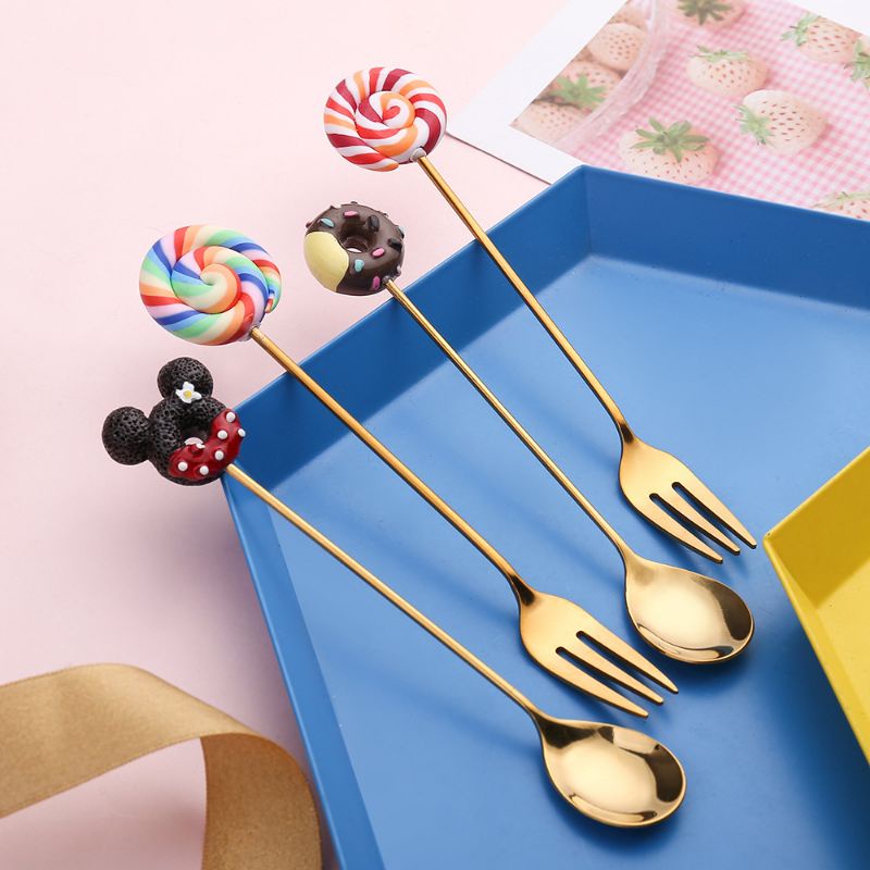CUTE TEA SPOON FORK MINI GOLD STAINLESS PREMIUM DESSERT TEA SPOON