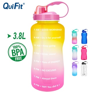 ☼▽Quifit ขวดน้ํา Tritan 3.8 ลิตร พร้อมหลอดดูด และที่มาร์กเวลา สร้างแรงบันดาลใจ ปราศจาก BPA