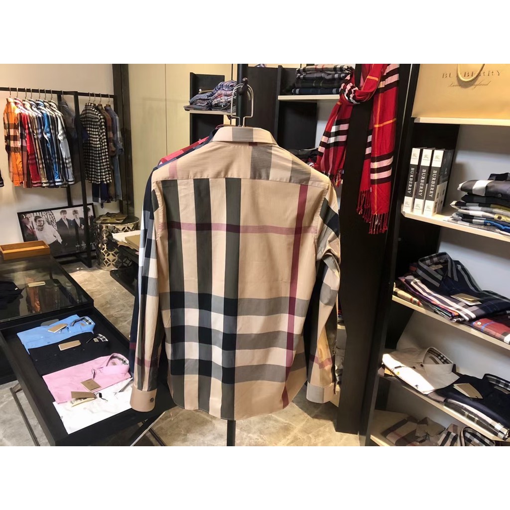 High Quality British Men's Brand burberry Long Sleeve Checkered Business Dress Shirts Cotton Office Plaid Men T-shirts R #4