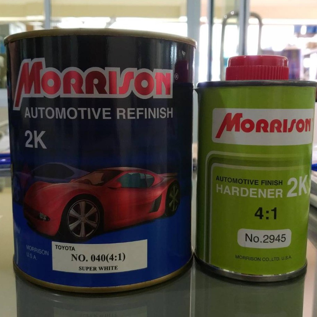 Morrison สีพ่นรถยนต์ 2K ระบบ(4:1) เบอร์ T-040(4:1) สีขนาด1ลิตรพร้อมฮาร์ดเดนเนอร์ขนาด0.25ลิตร(Toyota / Super White)