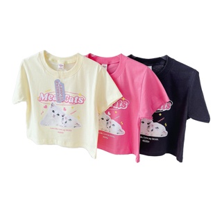 พร้อมส่ง🧶 เสื้อยืด เสื้อครอป สไตล์เกาหลี สกรีน Mean Cats สีละมุนมาก☁️ รหัส 834