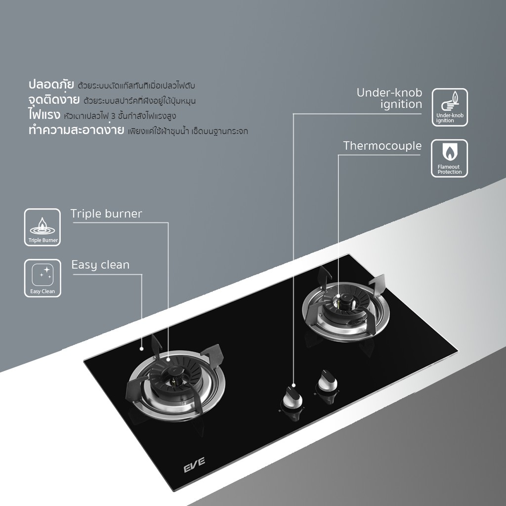 EVE เตาแก๊ส 2 หัวเตาแบบฝัง พร้อมเครื่องดูดควันติดผนัง DIESEL-90 PLUS + FURY 2B - รูปที่ 2