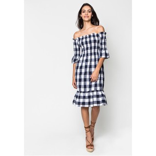 Jezebel ชุดเดรส Country Plaid Smocked Off-Shoulder