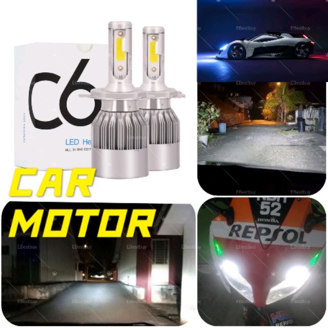 COB C6 2 ชิ้น/เซ็ต SEPASANG รถมอเตอร์ LED ไฟหน้าหลอดไฟ 6000k H4 H3 H7 H8 H11 H16 9005 9006 HB3 HB4 c