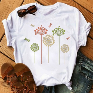 ใหม่แฟชั่นผู้หญิงเสื้อยืด dandelion และแมลงปอพิมพ์เสื้อยืดเลดี้สาวฤดูร้อนแขนสั้นเสื้อ harajuku casual tee เสื้อผ้า