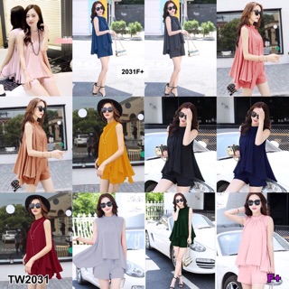 TwinsShopVip💗พร้อมส่ง Tw2031 Set 2 ชิ้น เสื้อแขนกุดสีพื้น หน้าสั้น-หลังยาว+กางเกงขาสั้นSet of 2 pieces, solid