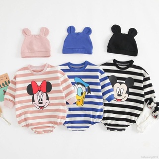 Baby Girls Romper Infant Baby Cartoon Stripe Print Long Sleeve Rompers Kids Girls Boys Bodysuit Jumpsuit Newborn Clothes+hat