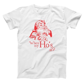 เสื้อยืดผ้าฝ้ายพิมพ์ลายขายดี เสื้อยืด ผ้าฝ้าย 100% พิมพ์ลาย Where My Hos At Santa Christmas แฟชั่นคลาสสิก สําหรับปาร์ตี้