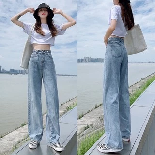 Korean ❣️ ยีนส์ทรงกระบอก สไตส์เกาหลี ด้านข้างแต่งปรับกระดุมได้ ทรงสวย สุดฮิตวัยรุ่นมากๆ มีสองสี </ Girls jeans /> 2099