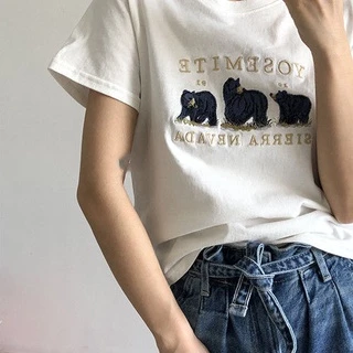 Bh เสื้อยืด แขนสั้น ผ้าฝ้าย ลายหมี สไตล์เกาหลี แฟชั่นฤดูร้อน สําหรับผู้หญิง