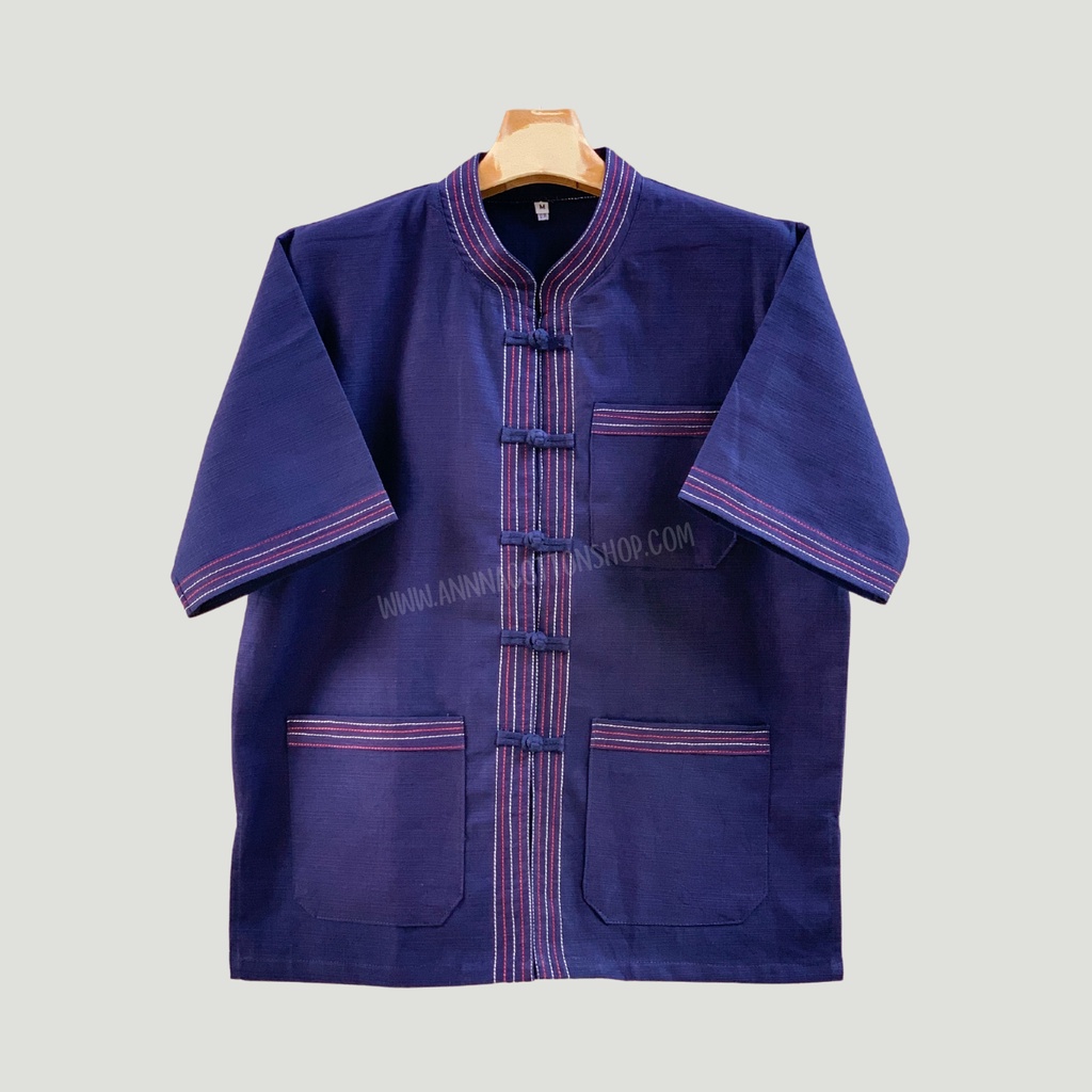 เสื้อคอจีนผ้าฝ้ายชินมัย ไทยองแขนสั้น เดินเส้นแนวล้านนา โบราณ งานประยุกต์สมัยใหม่ โดดเด่นมีเอกลักษณ์ สวมใส่สบาย