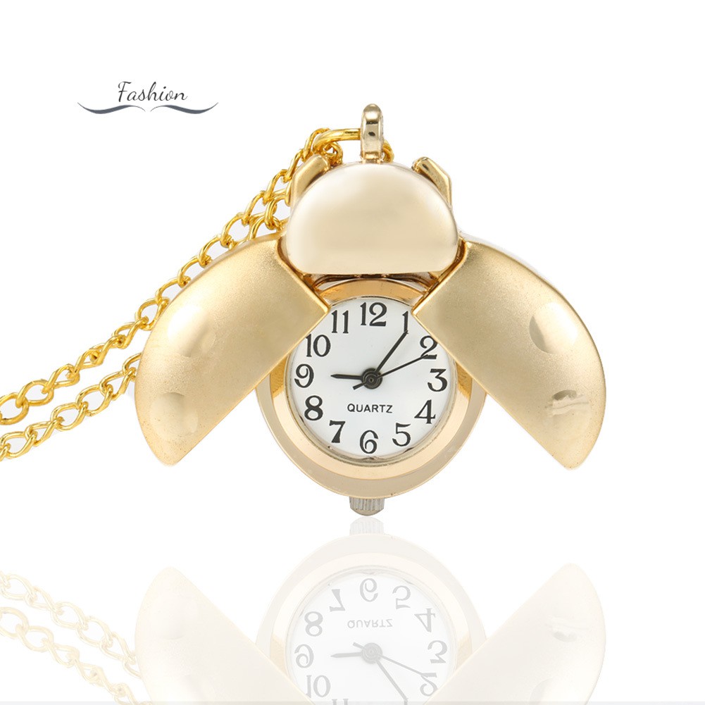 Retro Gold Cute Beetle Quartz Pocket Watch Mechanical Pendant Necklace Chain Clock Gifts @th