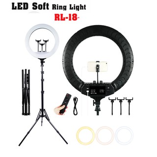 ชุดไฟไลฟ์สด LED Soft Ring Light RL-18 ปรับสีส้ม-ขาว และความแรงแสงได้ตามต้องการ.แถมกระเป๋า ที่จับมือถือ 3 เครื่อง