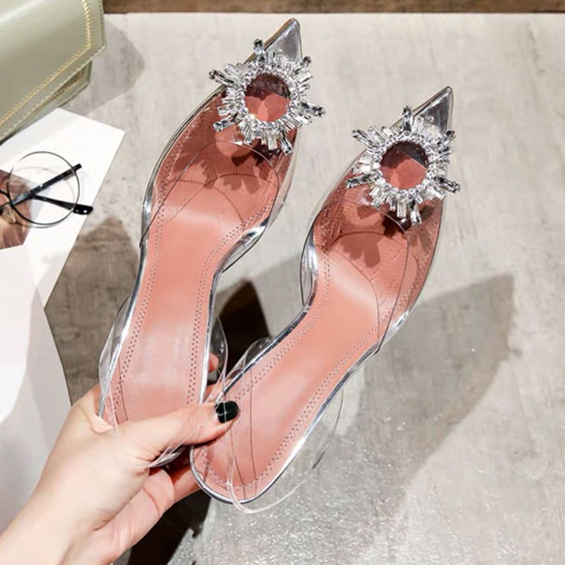 👠 35-42 รองเท้าแตะโปร่งใสหญิง 7 ซม./9 ซม.รองเท้าส้นสูงฤดูร้อนสไตล์ใหม่ Baotou กับเพชร 4142 ขนาดใหญ่ชี้ toe stiletto คริ
