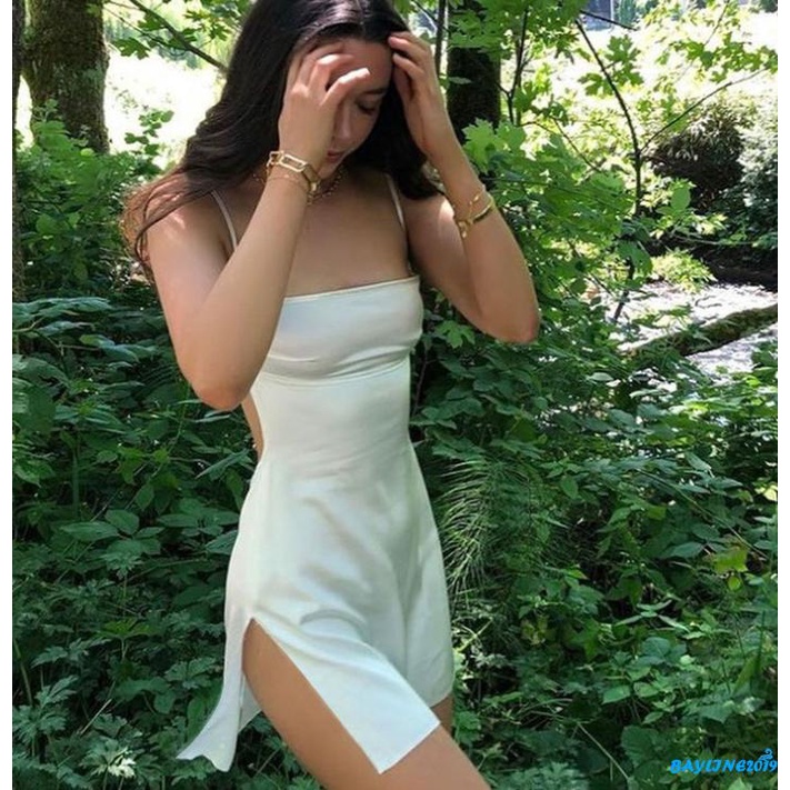 Bay-เดรสมินิเดรสเข้ารูปผู้หญิง,สายเดี่ยวสปาเก็ตตี้เซ็กซี่ Criss Cross Backless สีทึบ
