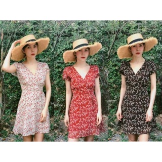 Korea petal dress🌼 เดรสไขว้หน้าแขนบัว ผ้าชีฟองทรายพิมพ์ลาย พร้อมซิปและซับในทั้งตัว ทรงสวยเป๊ะ