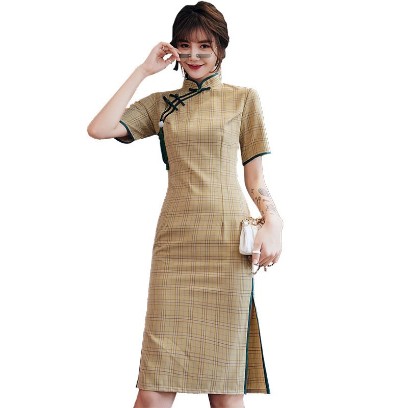 Autumn Chinese Style Cheongsam Girl Plaid Pattern Slim Dress for Women Daily Dresses S To 3XL #6