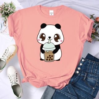 คอลูกเรือเสื้อยืด ทรงหลวม ระบายอากาศ พิมพ์ลายแพนด้า ชานมไข่มุกS-5XL