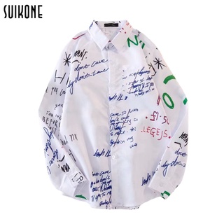 Suikone เสือผ้าผู้ชาย เสื้อเชิ้ตแขนยาวผู้ชายฤดูร้อนแฟชั่นพิมพ์ลายเสื้อลำลองหลวมสไตล์เกาหลี เสื้อผู้ชาย