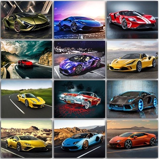 ชุดภาพวาดปักเพชร ปักครอสสติตช์ ทรงกลม แนวโมเสก ลายการ์ตูนรถสปอร์ต Ferrari Lamborghini 5D สําหรับตกแต่งบ้าน