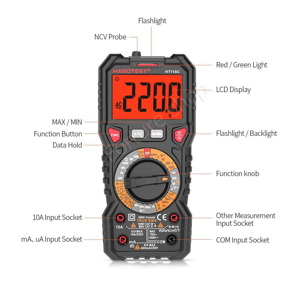 HABOTEST HT118C True RMS Digital Multimeter ดิจิตอล มัลติมิเตอร์ วัดคาปาซิเตอร์ วัดกระแสไฟฟ้า