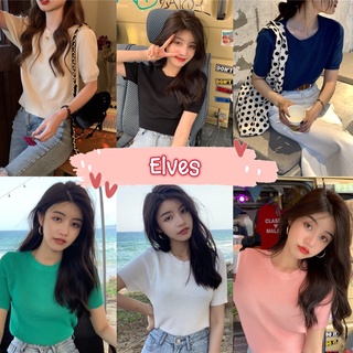 Elves✨พร้อมส่ง✨  เสื้อไหมพรมแขนสั้น คอกลม ผ้านิ่มผ้าร่องใส่งายสบายเรียบๆน่ารัก ~6788~ -C