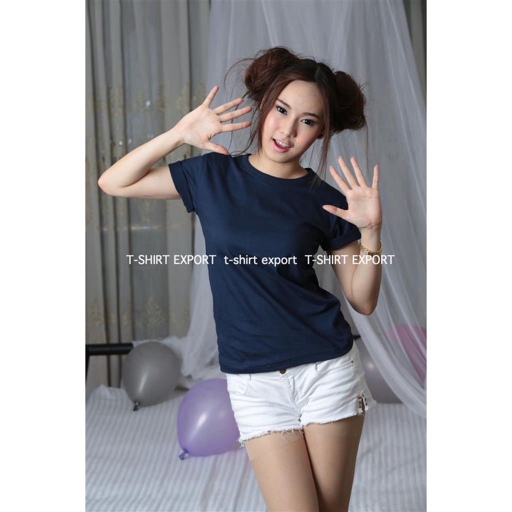 เสื้อยืด แฟชั่น ผู้หญิง ทรงตรง T-Shirt Cotton 100% คอกลม แขนสั้น สีกรมท่า