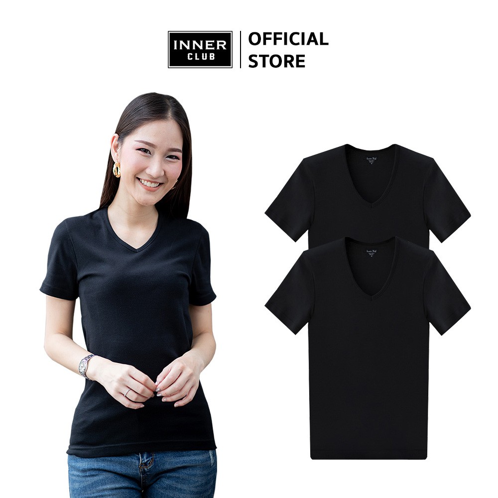 Inner Club เสื้อยืดคอวี ผู้หญิง สีดำ Cotton 100% (แพค 2 ตัว)