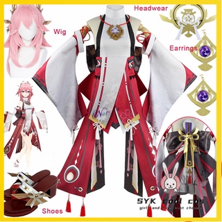 Syk COOL COS Game Genshin Impact Yae Miko เครื่องแต่งกายคอสเพลย์ Guuji Yae Battle Suit Uniform Wig Dress Party Outfit Halloween Costumes สําหรับผู้หญิง