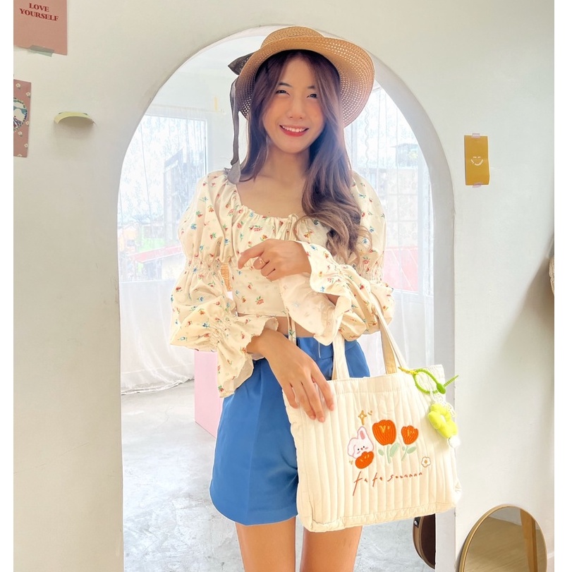 🌺กระเป๋าผ้านุ่มนิ่ม กระเป๋าถือ ลายดอกไม้ สีขาว (A221)