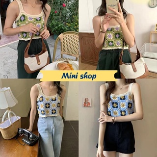 Mini shop🌸พร้อมส่ง🌸(C563) เสื้อสายเดี่ยวถักไหมพรม ลายดอกไม้น่ารักมี2สี -C