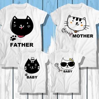 เสื้อครอบครัว พ่อแม่ลูก Father Mother Baby ลายแมว สีขาว ผ้านุ่ม ใส่สบาย