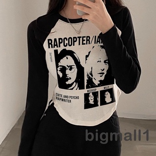 Bigmall- เสื้อยืดแขนยาว คอกลม แบบสวมหัว พิมพ์ลายตัวอักษร สีคอนทราสต์ แฟชั่นฤดูใบไม้ร่วง สําหรับผู้หญิง